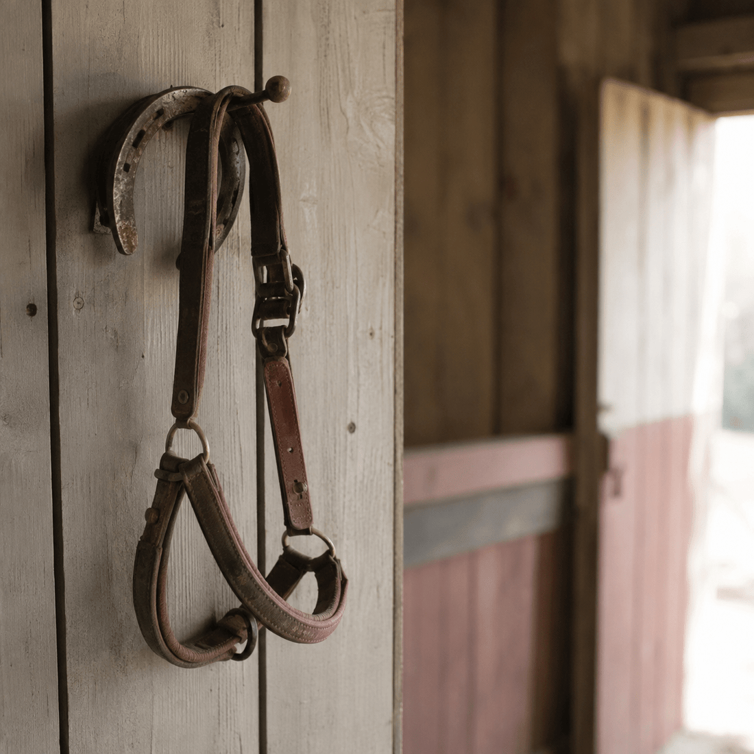 A worn horseshoe and a leather headcollar hanging on a hook in a stable