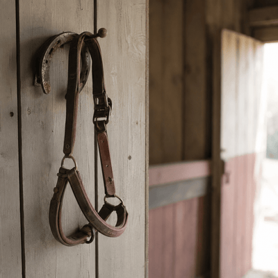 A worn horseshoe and a leather headcollar hanging on a hook in a stable