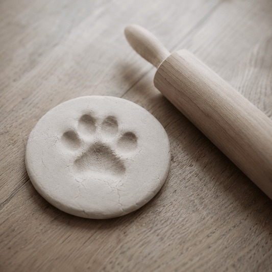 A paw print pressed into pale clay with a rolling pin beside it
