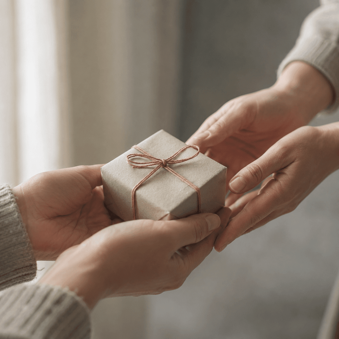 Two hands passing a small wrapped gift box