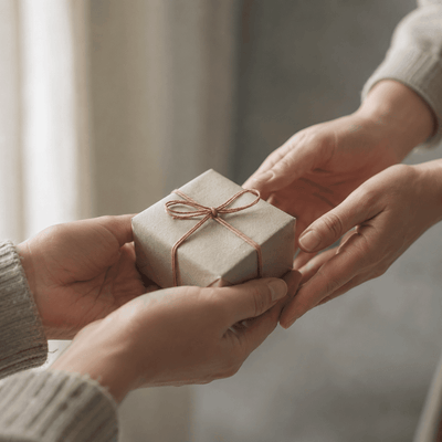 Two hands passing a small wrapped gift box