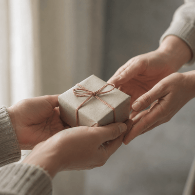 Two hands passing a small wrapped gift box