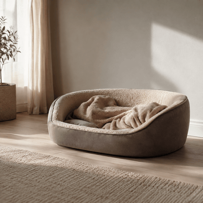 An empty dog bed with a rumpled blanket in morning light