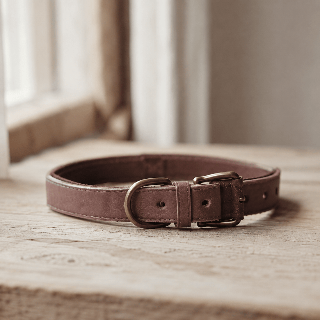 An empty dog collar folded on a pale wooden table