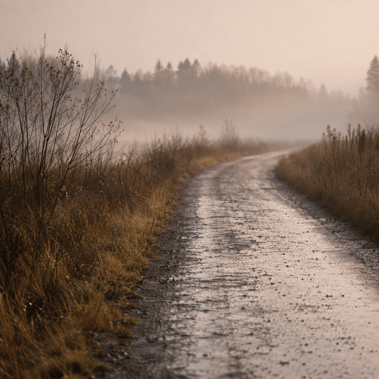 A rain-wet country path disappearing into mist