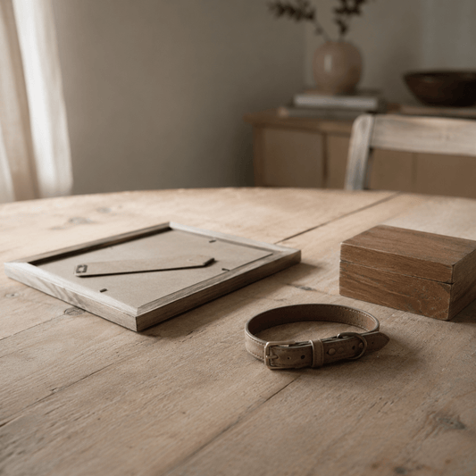 A table with a picture frame turned face down, a collar and a small box